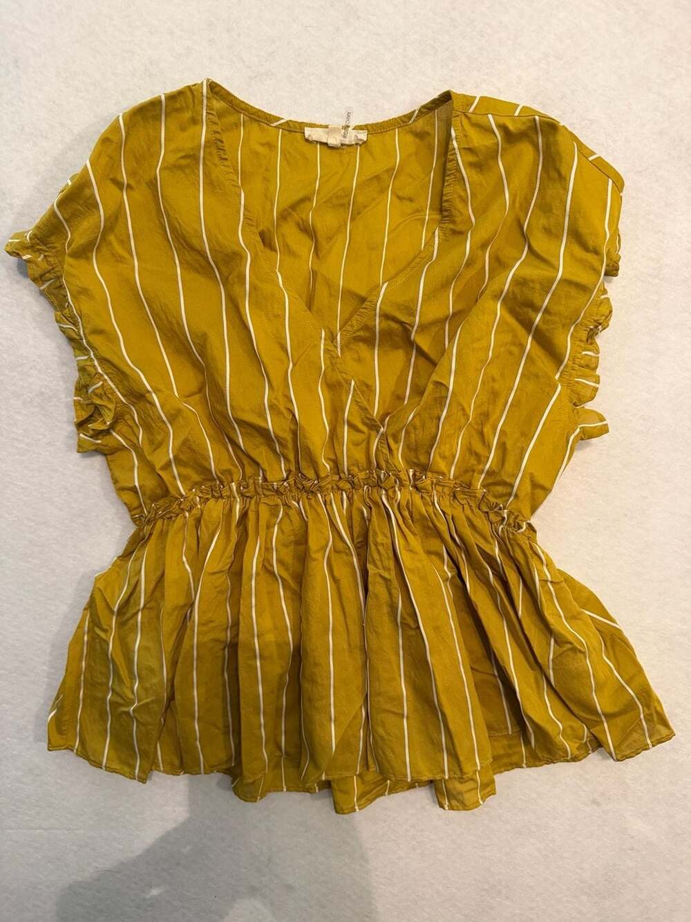 Entro Mustard Yellow Striped Ruffle Sleeve Peplum Top Size S